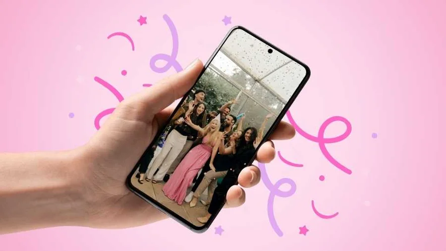 A guest holding their phone, looking at a photo of their friends
                from the party.