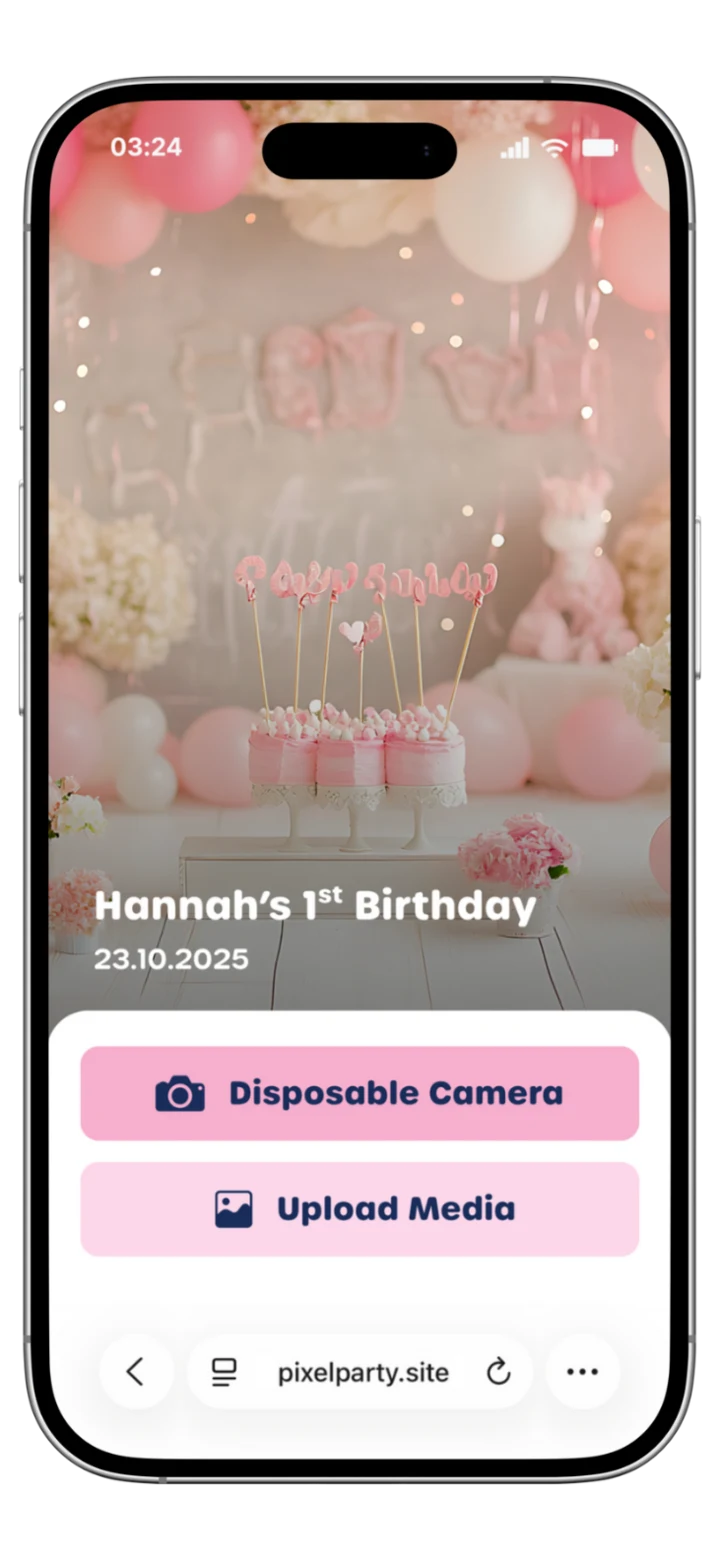 A guest's phone after scanning: Hannah's 1st Birthday, with
                buttons to open the disposable camera or upload media.