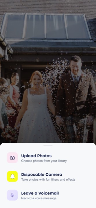The PixelParty upload menu showing Upload Photos, Disposable Camera and Leave a Voicemail