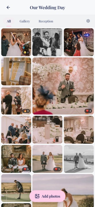 The PixelParty gallery on a phone, a grid of wedding photos with reactions