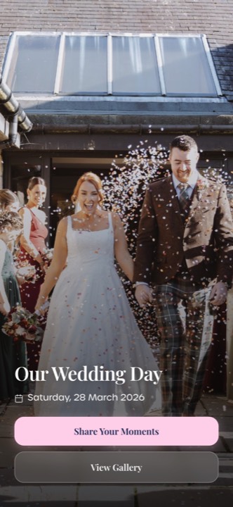 A PixelParty event page on a phone with a cover photo and a share button